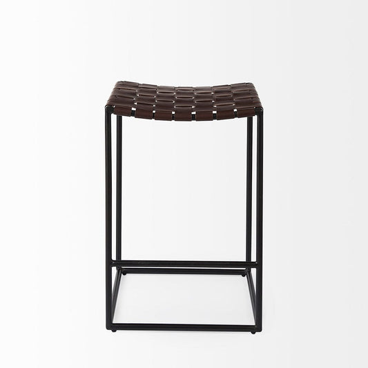 Mercana - Clarissa 18.0L x 16.0W x 26.25H Dark Brown Woven Leather Seat W/ Black Iron Frame Counter Stool - 69393 view 2