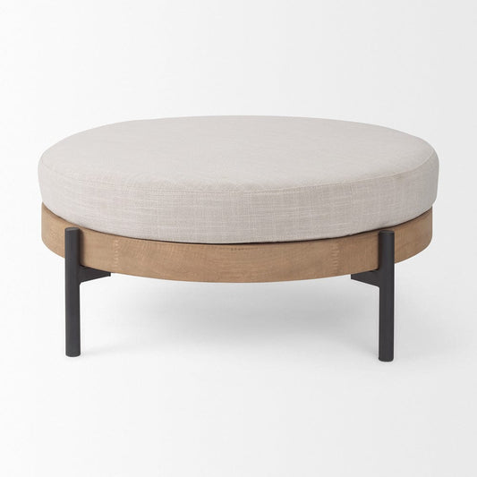 Mercana - Colburne Cream Fabric w/ Brown Wood Round Ottoman - 70040_CLOSEOUT view 2