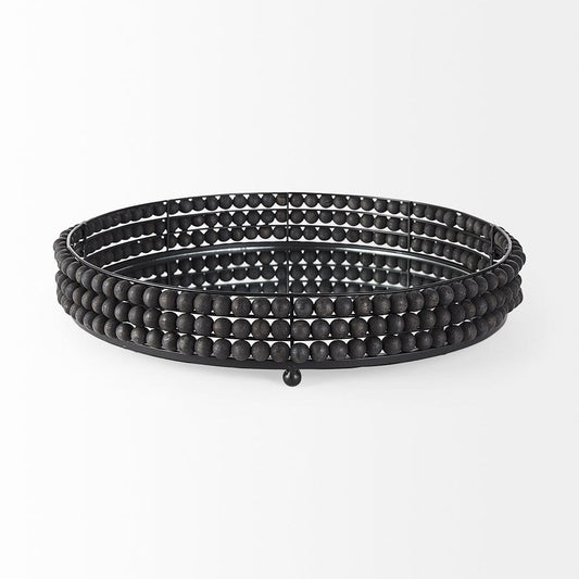 Mercana - Decatur II 21L x 21W Black Wooden Bead Mirrored Bottom Round Tray - 68675 view 2