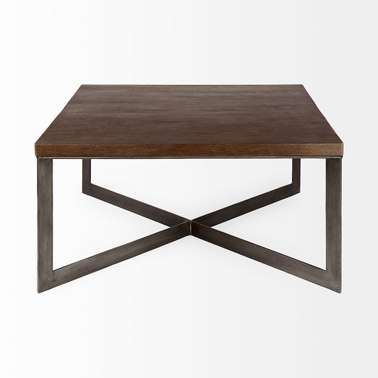 Mercana - Faye 34L x 34W x 17H Medium Brown Wood W/Antique Nickel Metal Base Square Coffee Table - 69181 view 2