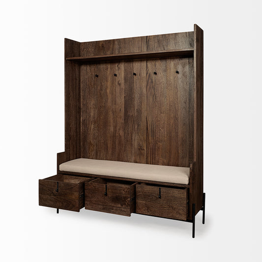 Mercana - Glenn V 56L x 17W Dark Brown Wood w/ Cream Fabric Seat, 3 Drawers Hall Tree - 69019 view 2