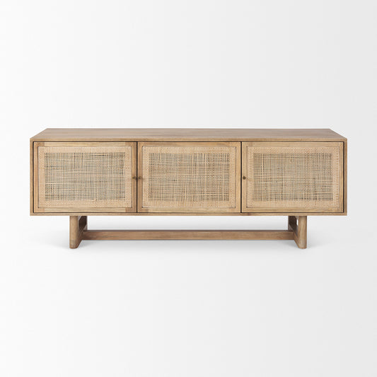 Mercana - Grier Light Brown Solid Wood and Cane 3 Door Media Console - 69896 view 2
