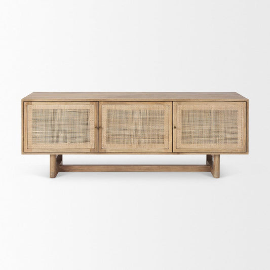 Mercana - Grier Light Brown Solid Wood and Cane 3 Door Media Console - 69896 view 2