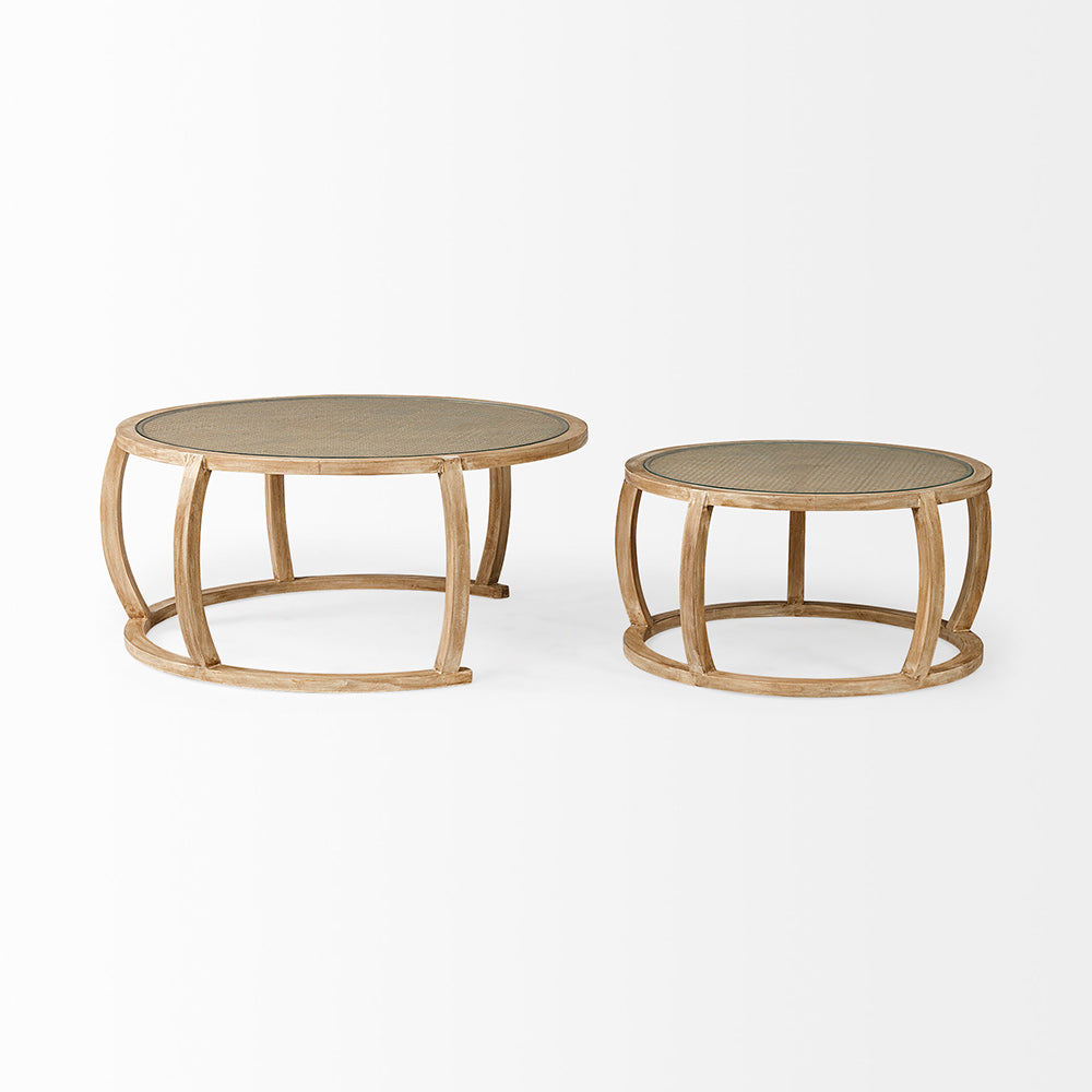 Mercana - Hubbard Round Woven Cane w/Glass Top Solid Wood Base Coffee Tables (Set of 2) - 68503 view 4