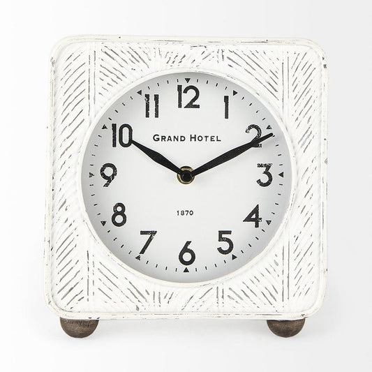 Mercana - Karl 8.0L x 2.8W x 8.8H Rustic White Iron Rounded Square Table Clock - 69486 view 2