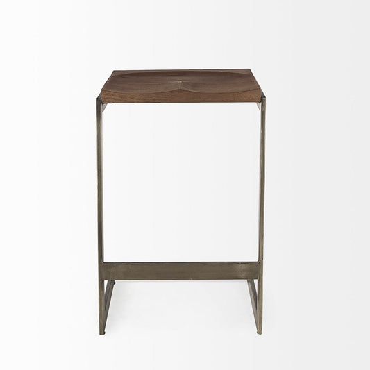 Mercana - Kiran 17L x 17W x 26H Medium Brown Wood W/ Antique Nickel Finished Metal Frame Counter Stool - 69174_CLOSEOUT view 2