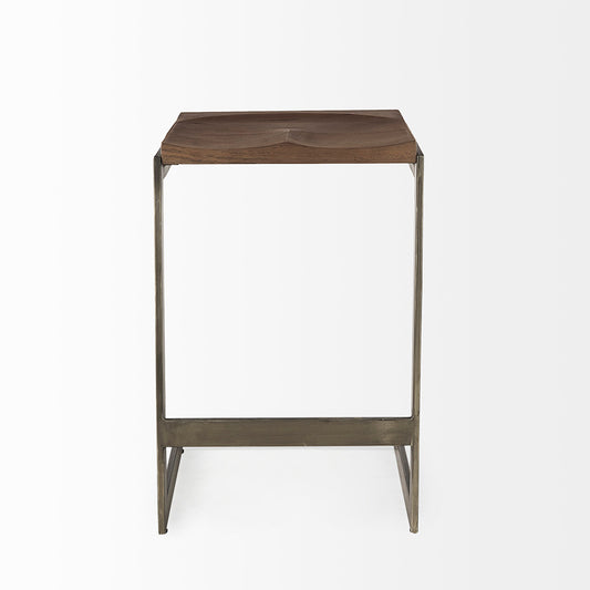 Mercana - Kiran 17L x 17W x 26H Medium Brown Wood W/ Antique Nickel Finished Metal Frame Counter Stool - 69174_CLOSEOUT view 2