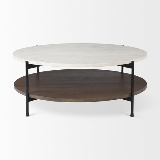 Mercana - Larkin 42" Round Two-Tier White Marble Top and Solid Wood Shelf w/ Black Metal Frame Coffee Table - 69925-AB view 2