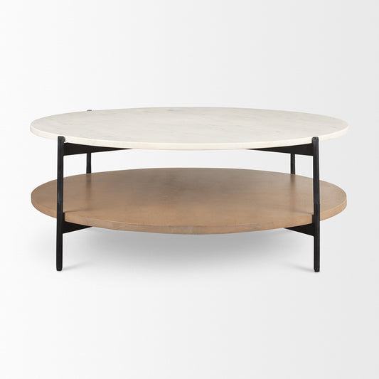Mercana - Larkin Marble Top w/ Brown Wood Shelf Round Coffee Table - 69924-AB view 2