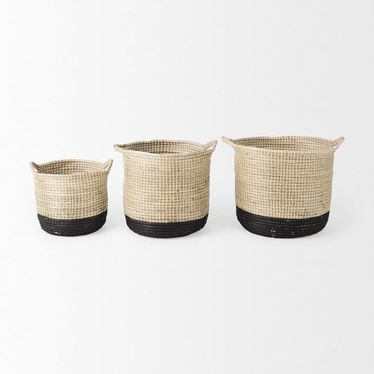Mercana - Maddie 13.8L x 13.8W X 15.0H Light Brown W/Black Dipped Seagrass Round Basket W/ Handle (Set of 3) - 69595 view 2