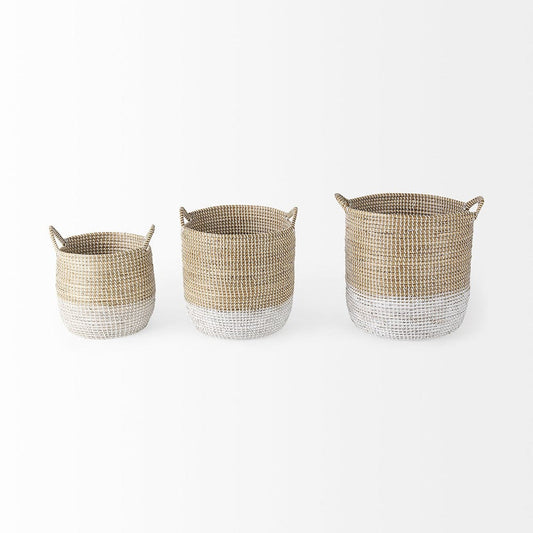 Mercana - Maddie 13.8L x 13.8W X 15.0H Light Brown W/White Dipped Seagrass Round Basket W/ Handles (Set of 3) - 69594 view 2