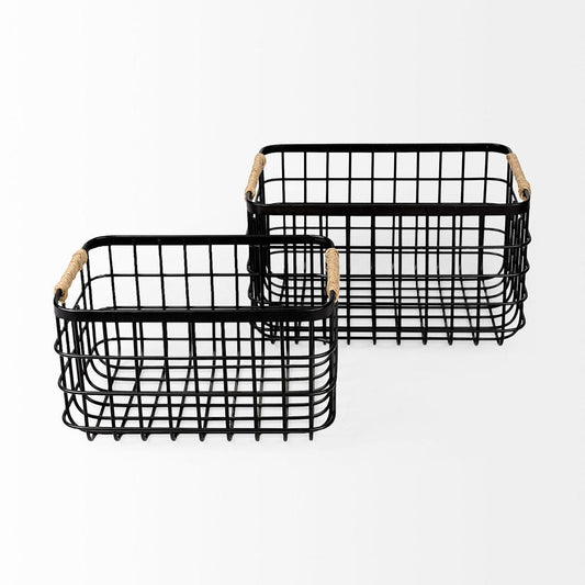 Mercana - Marius 20.9L x 15.2W x 12.2 Set of Two Matte Black Metal W/ Rope Trim Rectangular Baskets - 69528_CLOSEOUT view 2