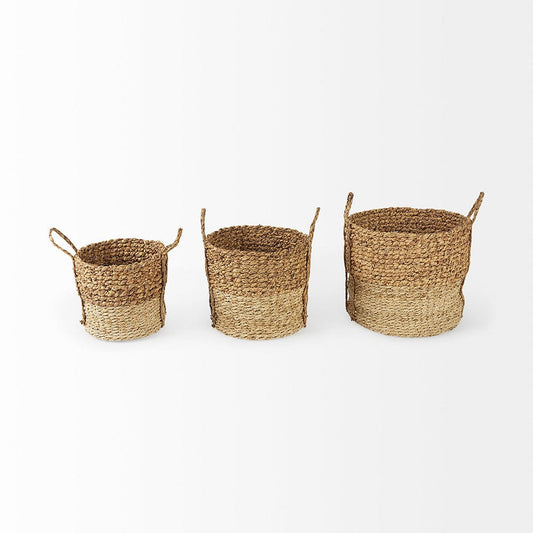 Mercana - Morocco 15.7L x 15.7 Brown Two Tone Water Hyacinth and Cornhusk Round Basket W/ Handles (Set of 3) - 69584 view 2
