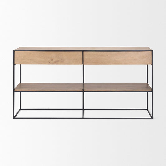 Mercana - Morris 63.0L x 15.0W x 31.0H Beige Wood w/ Black Metal Frame 2 Drawer Console Table - 69716_CLOSEOUT view 2