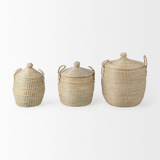Mercana - Olivia 15.7L x 15.7W x 17.3H Beige Seagrass Basket W/Lid and Handles (Set of 3) - 69613 view 2
