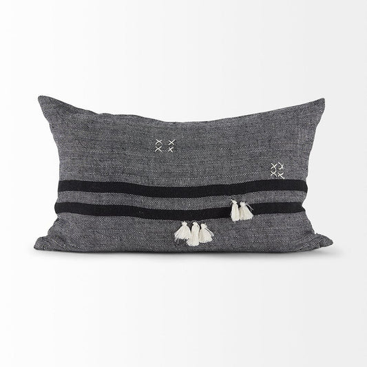 Mercana - Sibyl 13L x 21W Black Fabric Striped and White Fringed Decorative Pillow Cover - 69418 view 2