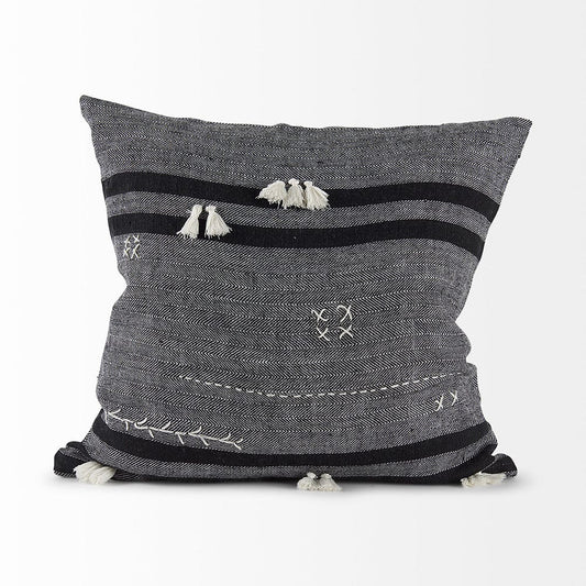 Mercana - Sibyl 18L x 18W Black Fabric Striped and White Fringed Decorative Pillow Cover - 69419 view 2