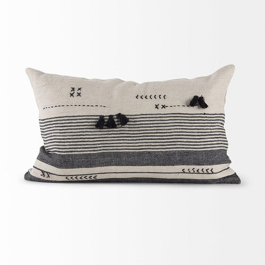Mercana - Thalia 13L x 21W Black and Beige Fabric Striped and Fringed Decorative Pillow Cover - 69422_CLOSEOUT view 2