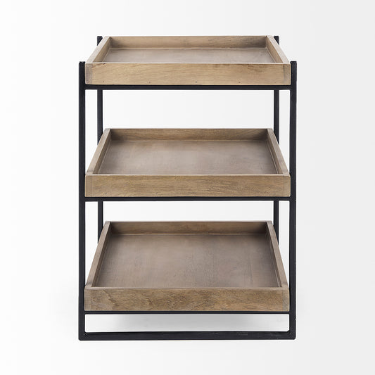 Mercana - Trey III 20" x 26" Square Medium Brown Wooden Three-Tiered Black Iron Frame End/Side Table - 68219 view 2