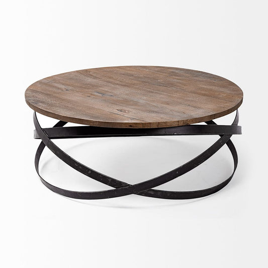 Mercana - Triumph 40" Round Brown Solid Wood Top Black Metal Base Coffee Table - 67108_CLOSEOUT view 2