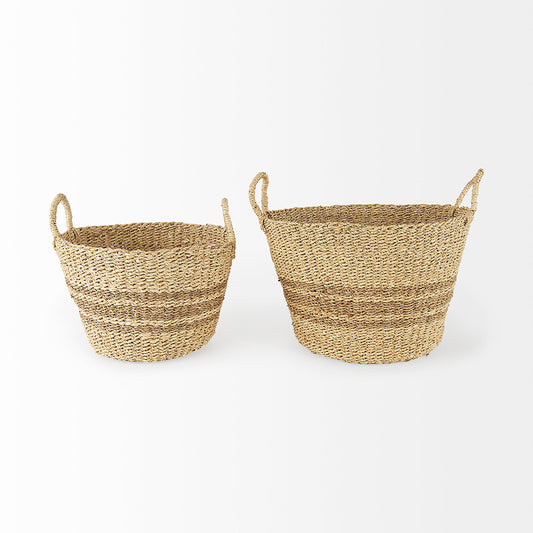 Mercana - Vance 17.7L x 17.7W x 11.8H Light Brown Palm Leaf and Seagrass Round Basket W/ Handles - 69587 view 2