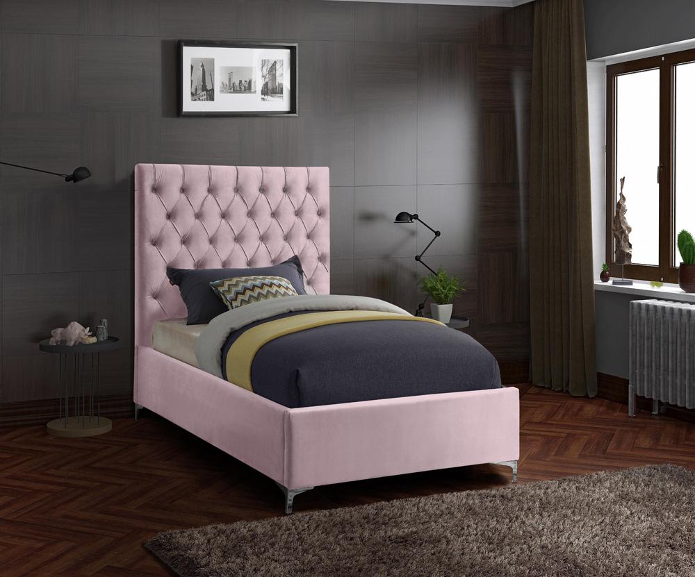 Meridian Furniture - Cruz Pink Velvet Twin Bed - CruzPink-T veiw 4