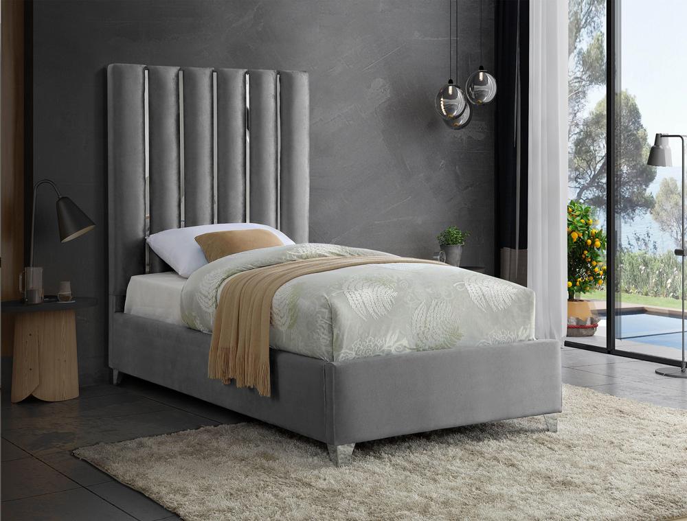 Meridian Furniture - Enzo Grey Velvet Twin Bed - EnzoGrey-T veiw 2