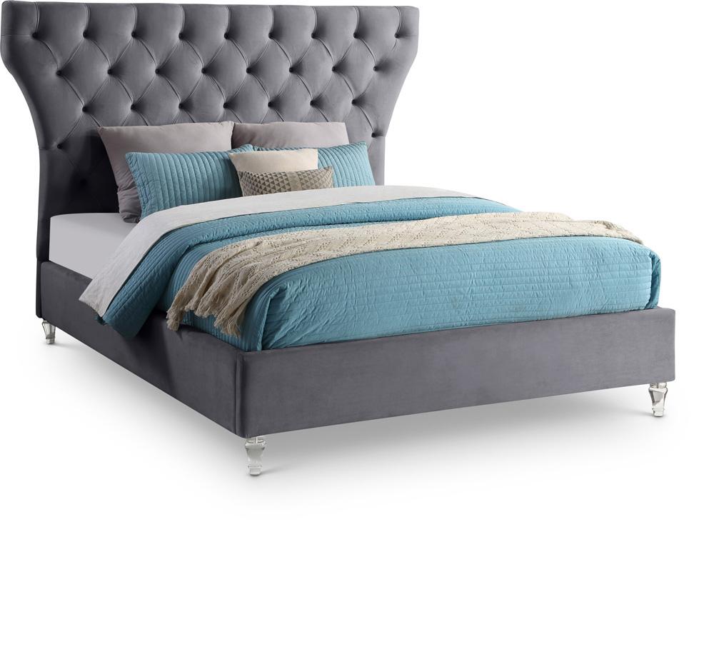 Meridian Furniture - Kira Grey Velvet Queen Bed - KiraGrey-Q veiw 1