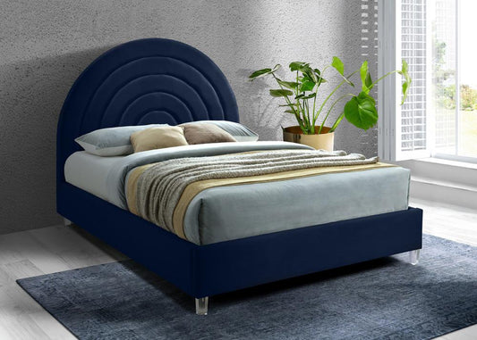 Meridian Furniture - Rainbow Navy Velvet Queen Bed - RainbowNavy-Q veiw 2