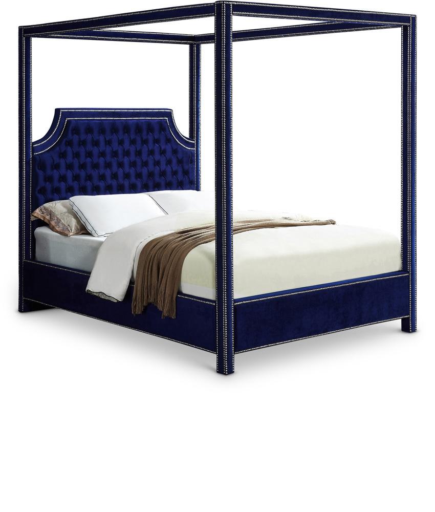 Meridian Furniture - Rowan Navy Velvet Queen Bed - RowanNavy-Q veiw 1