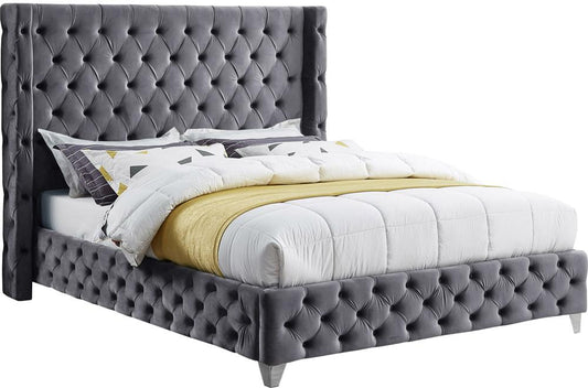 Meridian Furniture - Savan Grey Velvet Queen Bed - SavanGrey-Q veiw 2