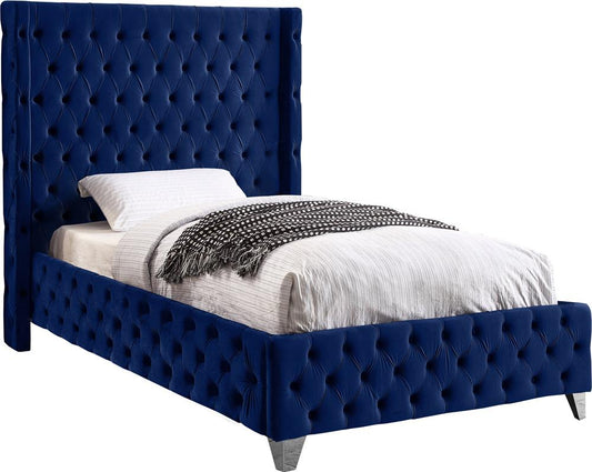 Meridian Furniture - Savan Navy Velvet Twin Bed - SavanNavy-T veiw 2