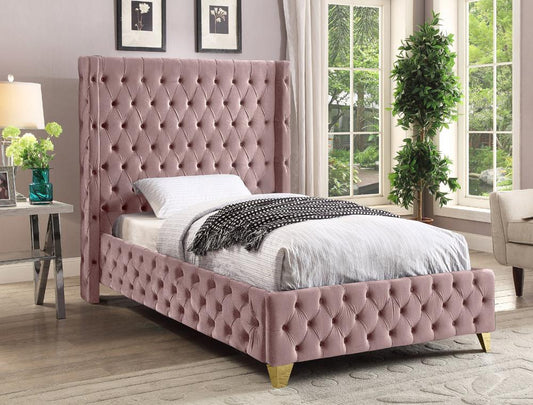 Meridian Furniture - Savan Pink Velvet Twin Bed - SavanPink-T veiw 2