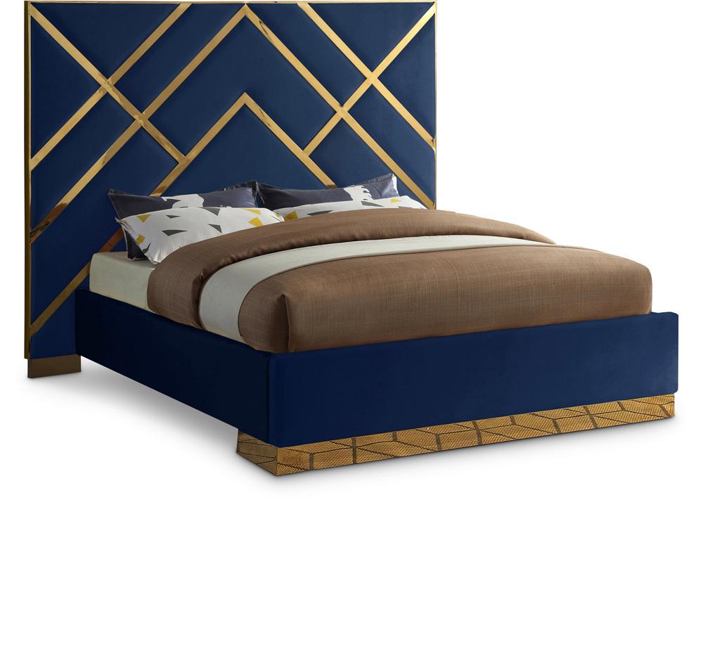 Meridian Furniture - Vector Navy Velvet Queen Bed - VectorNavy-Q veiw 1