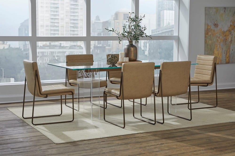 Modus Furniture - Moorea Double Pedestal Rectangular Dining Table in Clear Acrylic, Glass and Bronze Metal - PWSR60 view 7