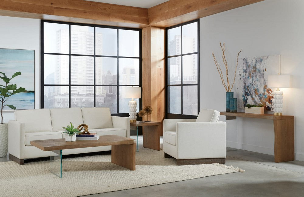 Modus Furniture - One Live-Edge White Oak and Glass Coffee Table in Bisque - JVLH21 view 6