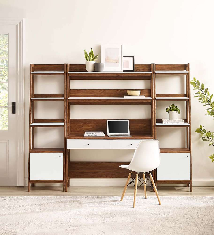 Modway - Bixby 3-Piece Wood Office Desk and Bookshelf in Walnut White - EEI-6114-WAL-WHI veiw 6