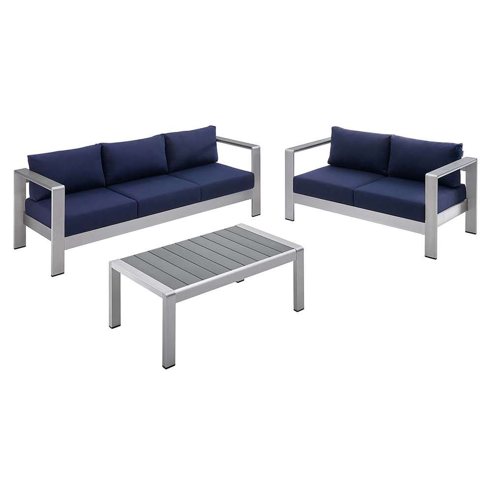 Modway - Shore Sunbrella Fabric Outdoor Patio Aluminum 3 Piece Set - EEI-4313-SLV-NAV-SET veiw 1