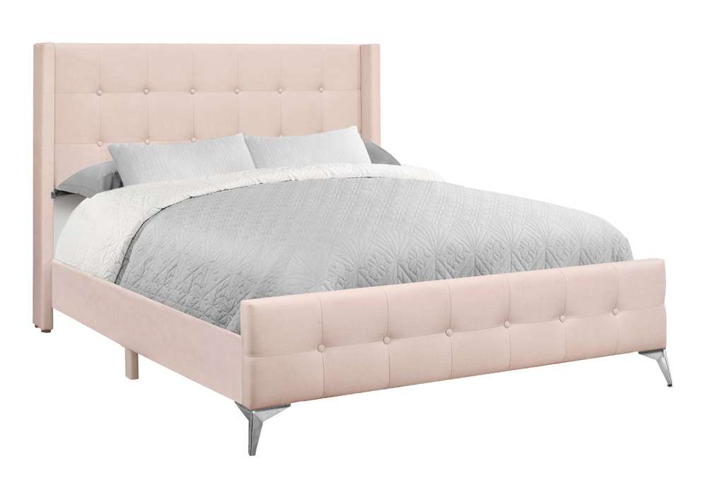 Monarch Specialties - Bed, Queen Size, Bedroom, Upholstered, Pink Velvet, Chrome Metal Legs - I 6042Q veiw 1