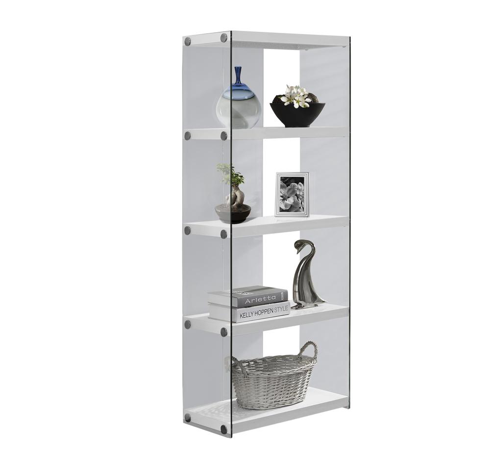 Monarch Specialties - Bookshelf, Bookcase, Etagere, 5 Tier, 60inH, Office, Bedroom, Tempered Glass, Laminate, Glossy White, Clear, Contemporary, Modern - I-3289 veiw 2
