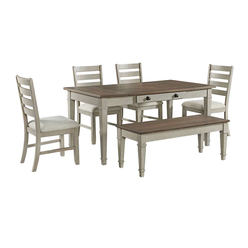 Picket House Furnishings - Bloomfield 6PC Standard Height Dining Set in Medium Brown and Washed Stone-Rectangular Table, Four Chairs & Storage Bench - D-9890-7-6PC veiw 1