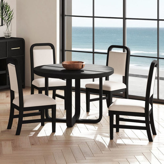 Picket House Furnishings - Woodridge 5PC Standard Height Dining Set in Black with Grain-Round Table and Four White Fabric Chairs - D-14440-8W-RDTSC2-5PC