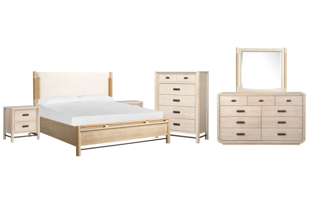 Salt Life Home - Sunset Cove Sanibel Brown Queen Panel Upholstered Bed 2 Nightstands 9 Drawer Dresser With Landscape Mirror And Drawer Chest - B5783-55-KIT8 view 1