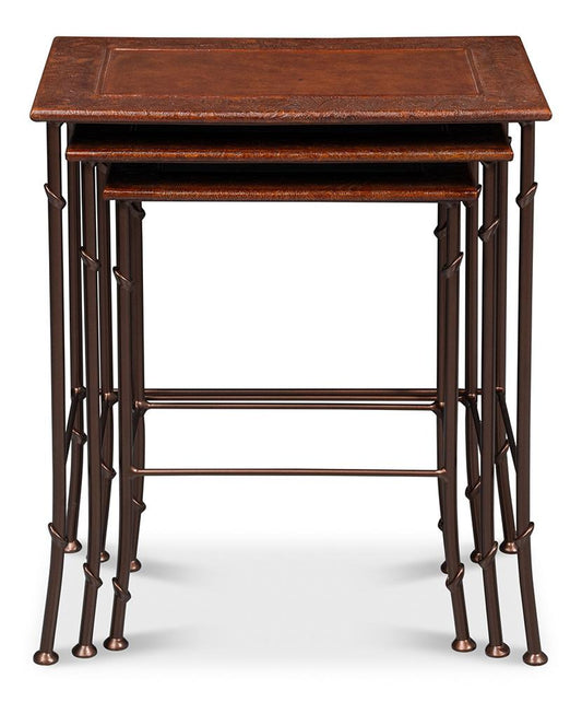 Sarreid Ltd - Kew Gardens Leather Nesting Tables - Brown - 16696 veiw 2