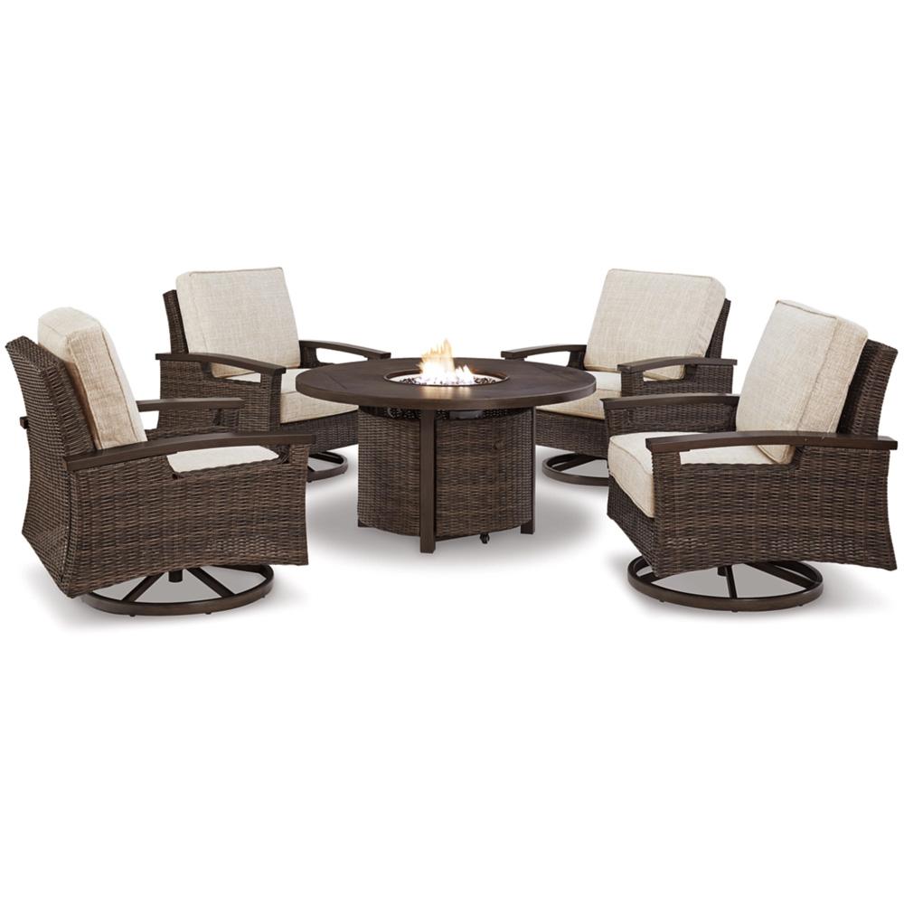 Signature Design by Ashley - Paradise Trail Outdoor Fire Pit Table With 4 Lounge Chairs in Medium Brown veiw 1