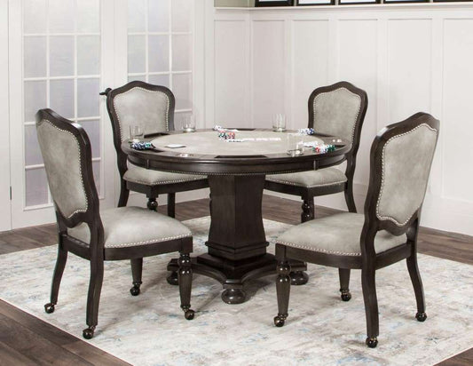 Sunset Trading - 5 Piece Vegas Dining and Poker Table Set - Reversible Game Top - Gray Wood - Caster Chairs with Nailheads - CR-87711-5PC veiw 2