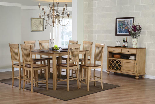 Sunset Trading - Brook 10 Piece 48in Square Pub Set with Fancy Slat Stools - Distressed Two Tone Light Creamy Wheat with Warm Pecan Brown - DLU-BR4848CB-B70-SRPW10PC veiw 2