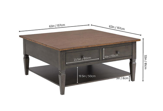 Sunset Trading - Dakota 42in Square Coffee Table with Drawers and Storage Shelf - Distressed Brown and Ash Gray - DLU-DK-2307-TA veiw 2