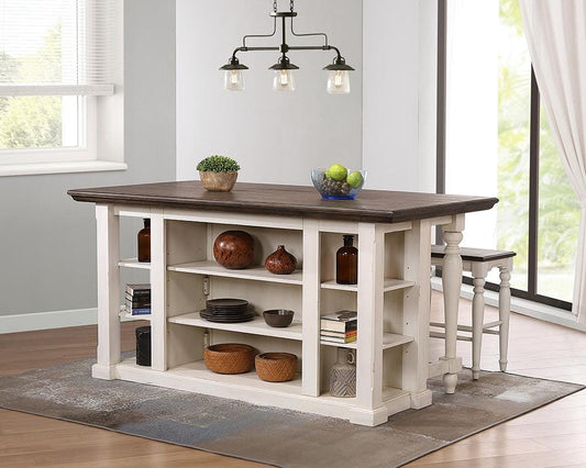 Sunset Trading - French Chic 3PC Fully Assembled 71in Dropleaf Kitchen Island Set w 2 Backless Stools - Distressed Antique White and Walnut Brown - DLU-FC1016-24W-3P veiw 2
