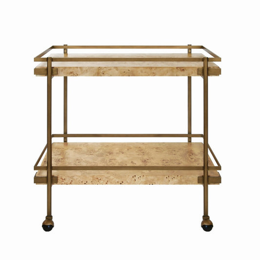 Worlds Away - Antique Brass Bar Cart With Shelves In Burl Wood - CASH BW view 2